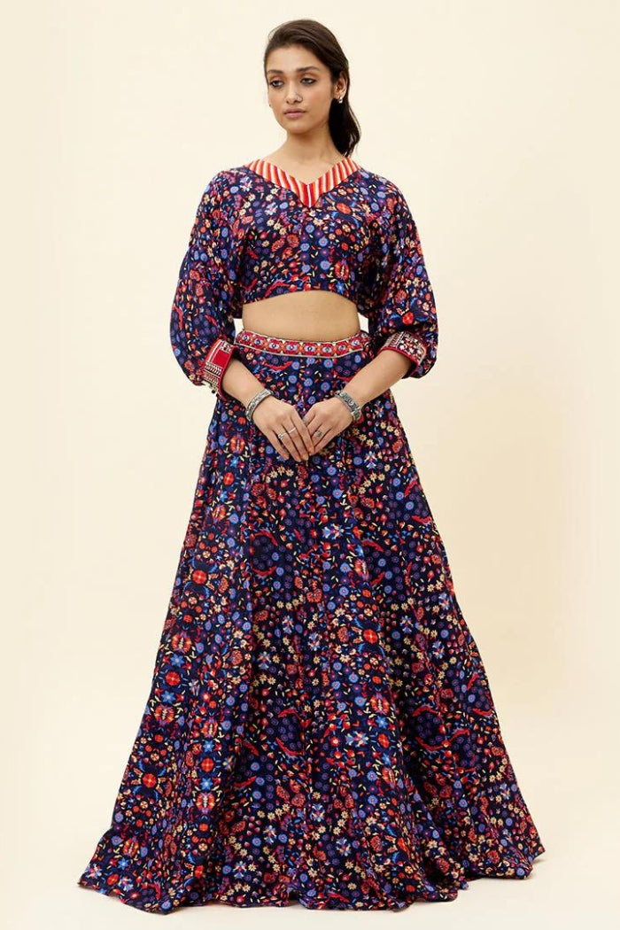 BLUE RASA JAAL PRINT LEHENGA WITH DOLMAN SLEEVES CROP TOP