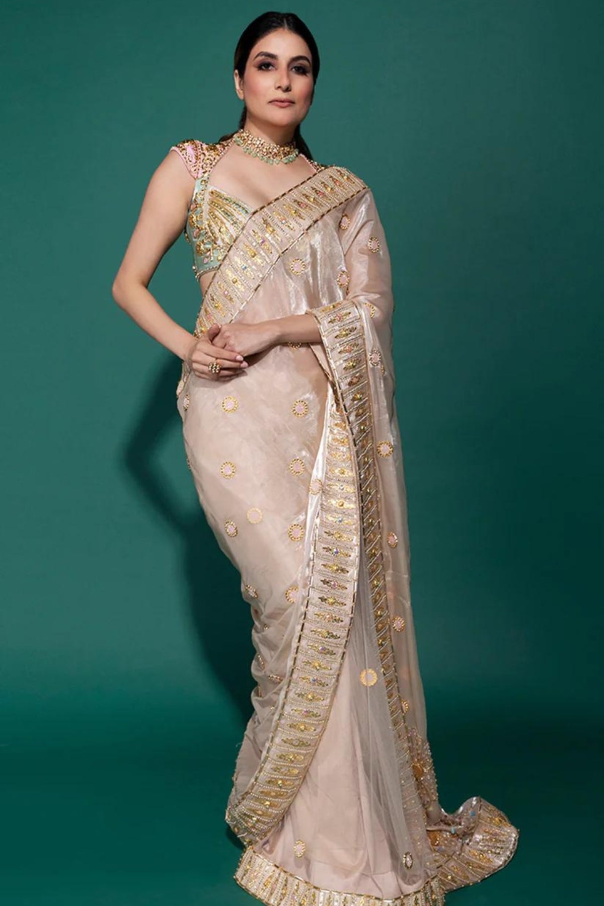 CRYSTAL CASCADE- IVORY ORGANZA SAREE