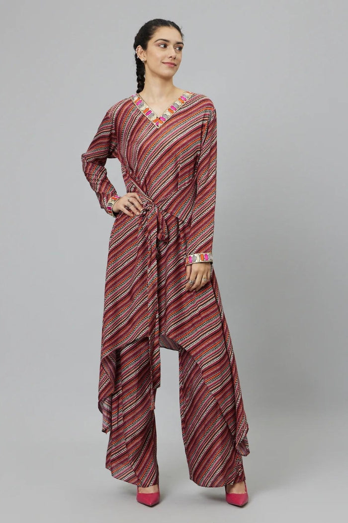 BOHEMIAN STRIPE PRINT FRONT TIE UP TUNIC SET
