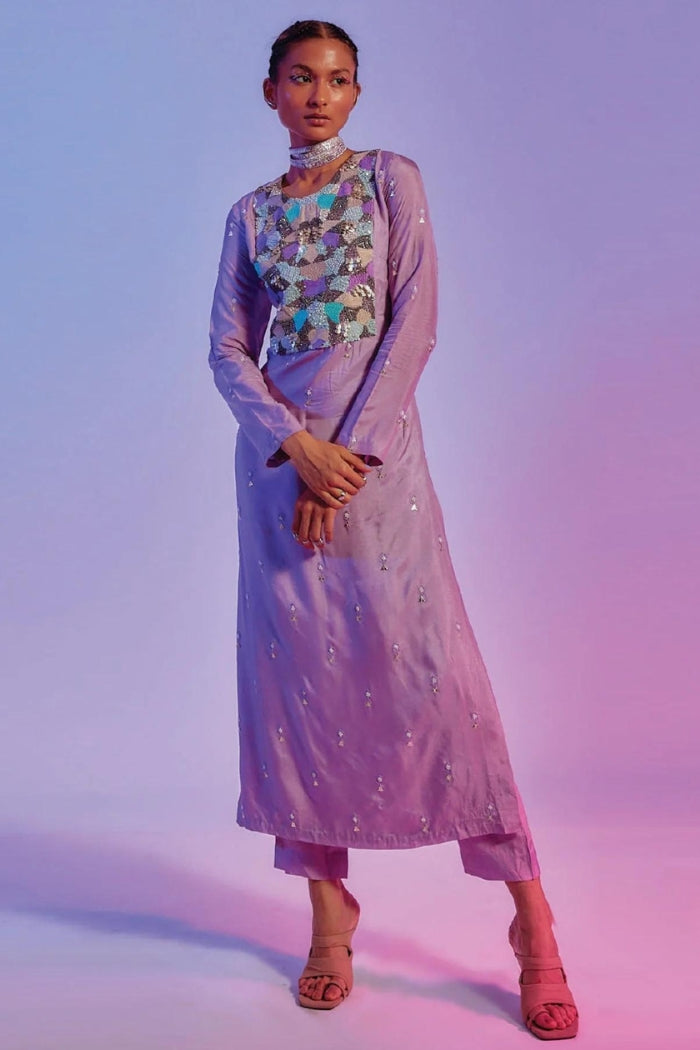 LILAC EMBELLISHED YOKE KURTA TEAMED WITH LILAC CIGARETTE PANTS