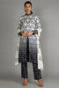 BLACK AND WHITE OMBRE GEOMETRIC DAMASK PRINT JACKET WITH BLACK GEOMETRIC DAMASK PRINT PANT PAIRED WITH WHITE BIRD PRINT DUPATTA WITH EMBROIDERY DETAILING