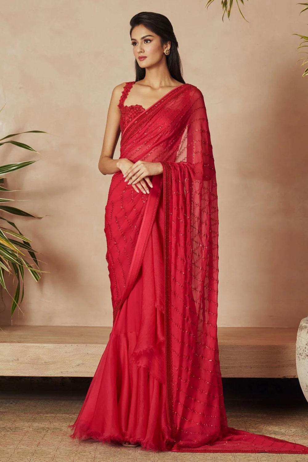 HOT PINK CHIFFON SAREE SET