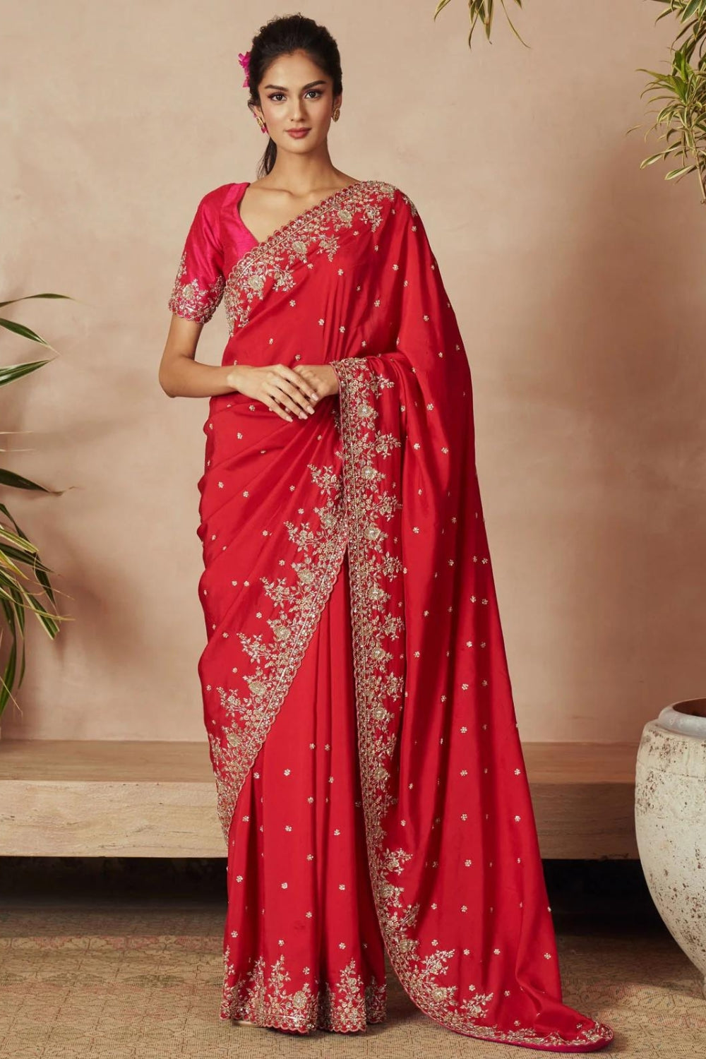 RED DUPION SILK CREEPER SAREE