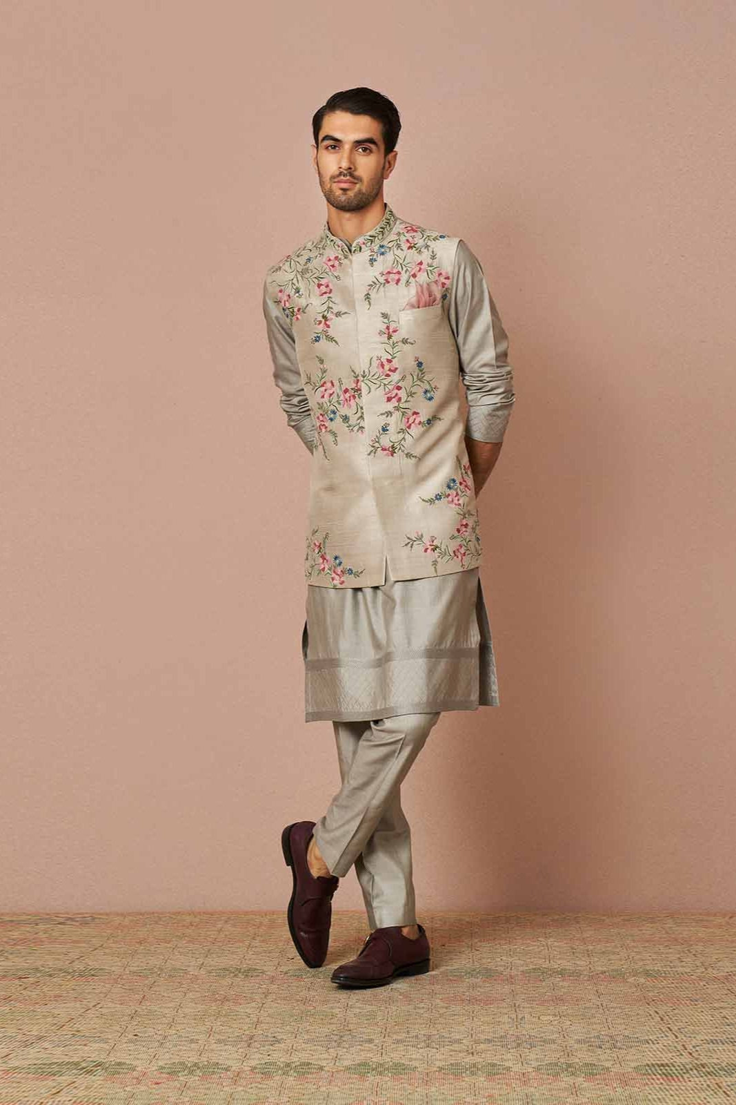 GREY RAWSILK IRIS THREAD EMBROIDERED BANDI KURTA SET