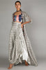 WHITE JAALI PRINT CHANDERI DRAPE SKIRT AND CAPE PAIRED WITH STRIPE PRINT BUSTIER