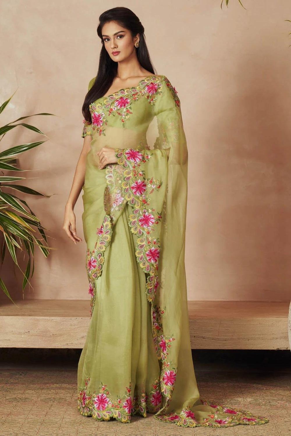 PISTA GREEN ORGANZA SAREE SET