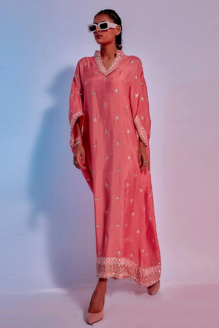 CORAL EMBELLISHED SUMMER SILK KAFTAN