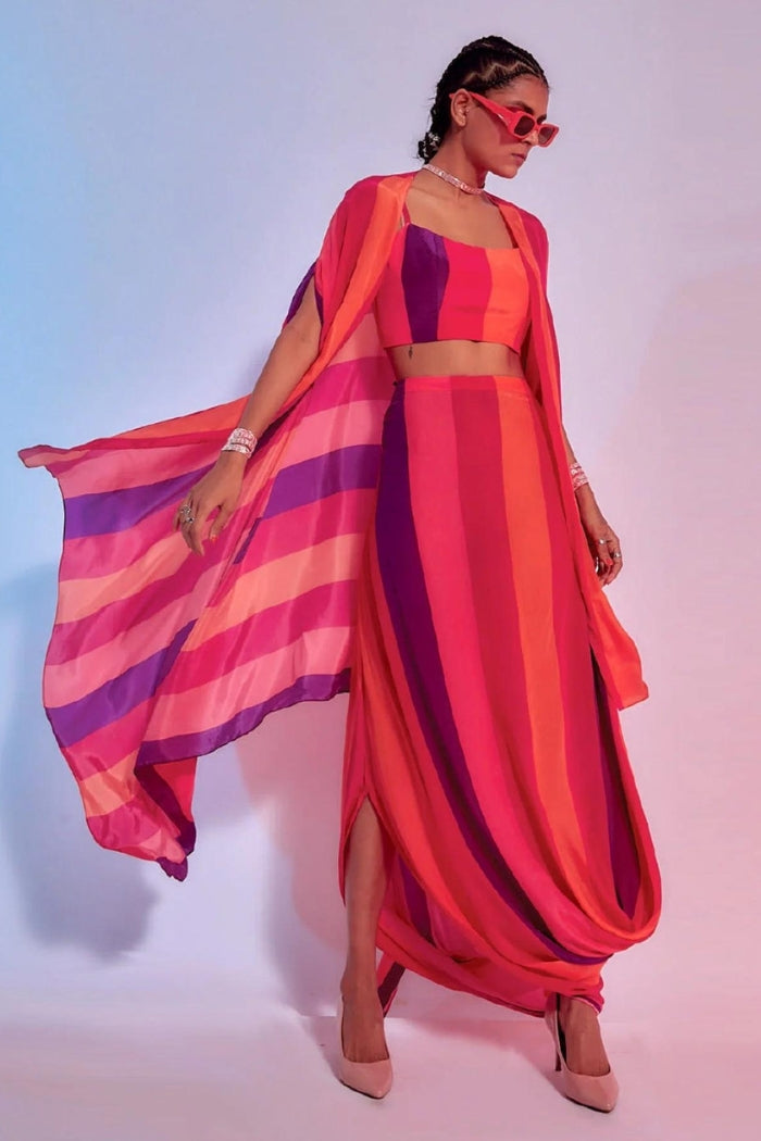 SUNSET STRIPES PRINTED DRAPE SKIRT, BUSTIER AND CAPE SET