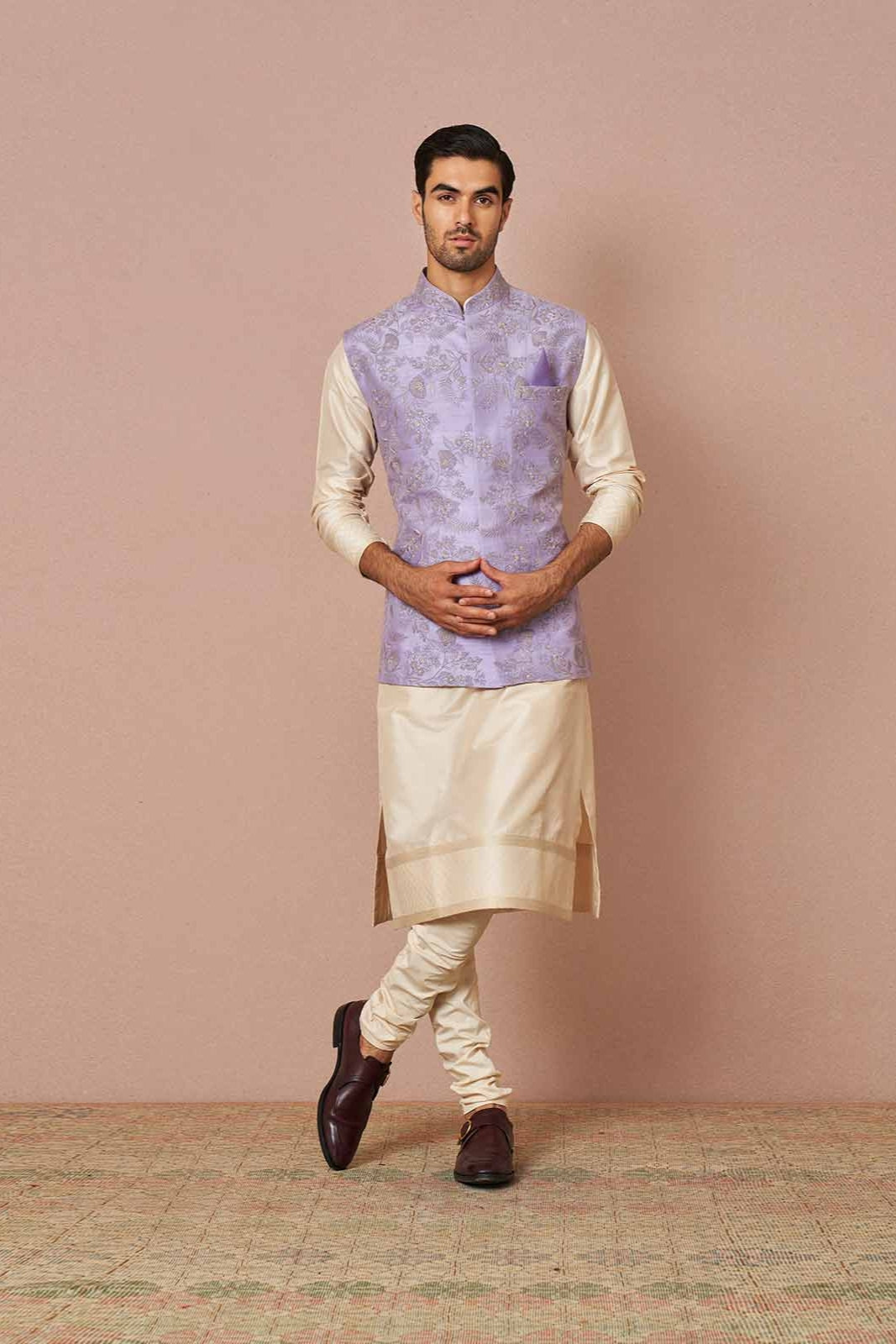 LAVENDAR RAWSILK RUE FLORAL EMBROIDERED BANDI SET