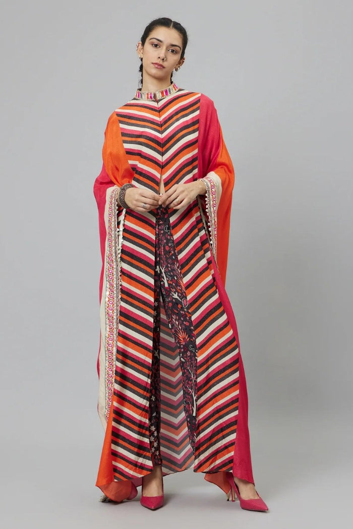COLOR BLOCK GRAPHIC PRINT FRONT OPEN KAFTAN TEAMED WITH PRINTED PANTS