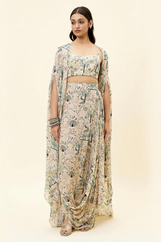 BEIGE MOR JAAL PRINT DRAPE SKIRT WITH BUSTIER AND CAPE