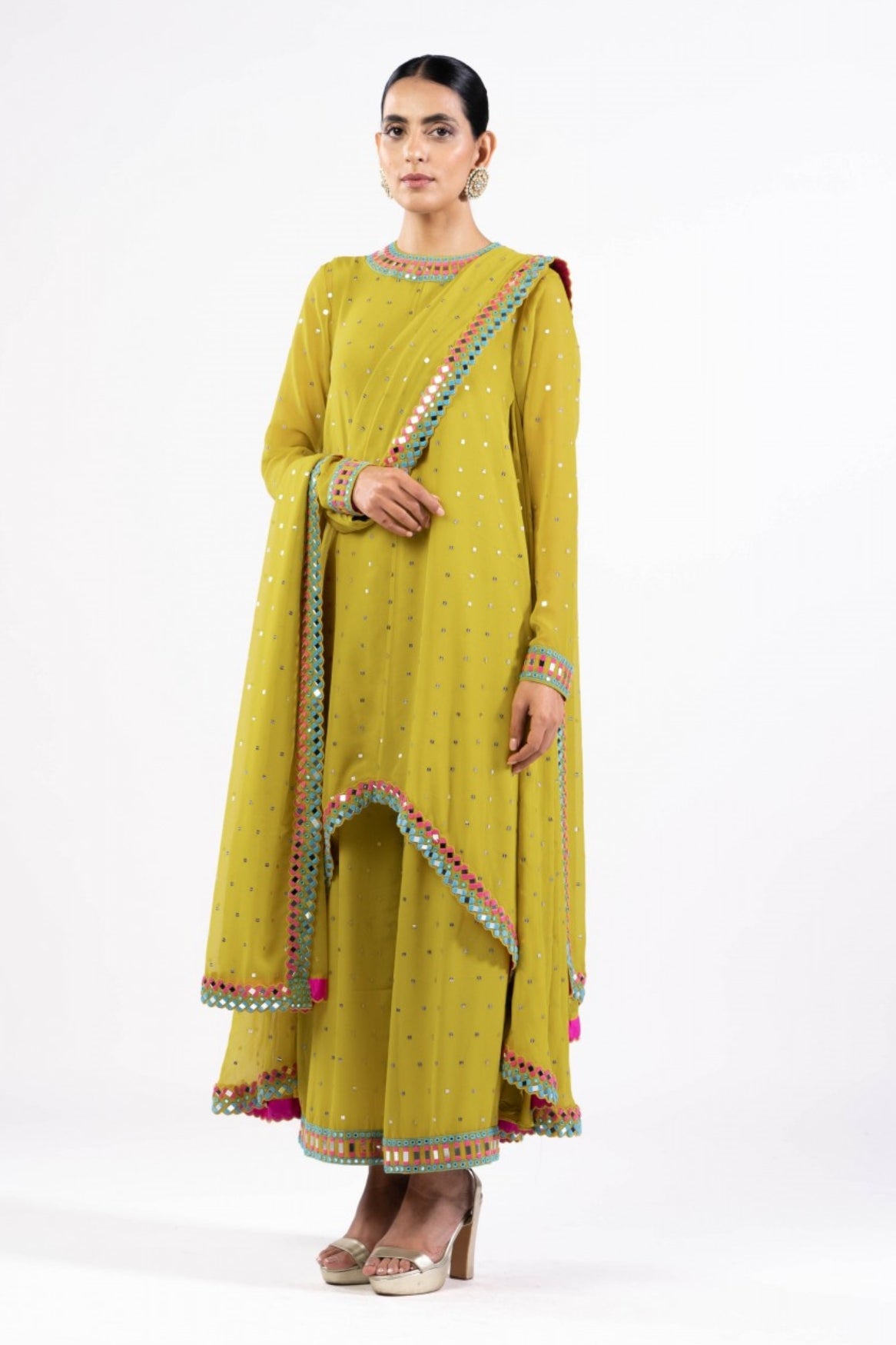 Moss Green Asymmetrical Kurta Set With Dupatta