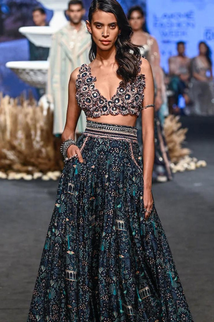 FLOWER APPLIQUÉ BLOUSE WITH BOX PLEATED LEHENGA