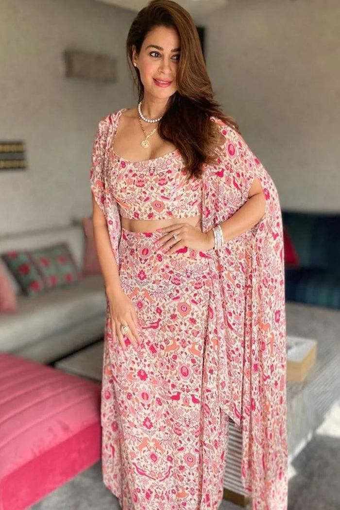 IVORY SAANJH PRINT DRAPE SKIRT WITH BUSTIER AND CAPE