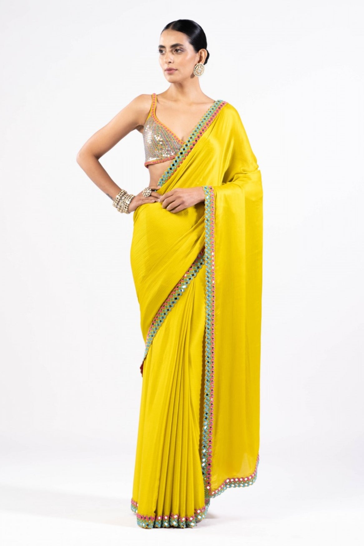 Moss Green Satin Chiffon Saree With Metallic Blouse