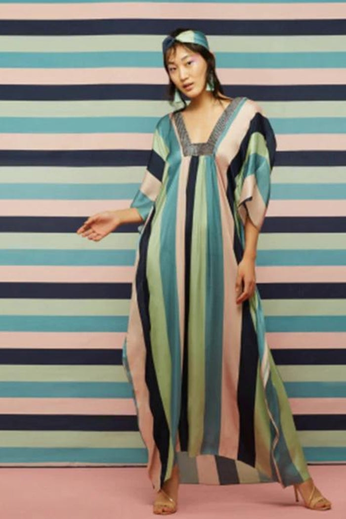 KAFTAN- BOLD STRIPED KAFTAN WITH GALEECHA TEXTURED NECKLINE