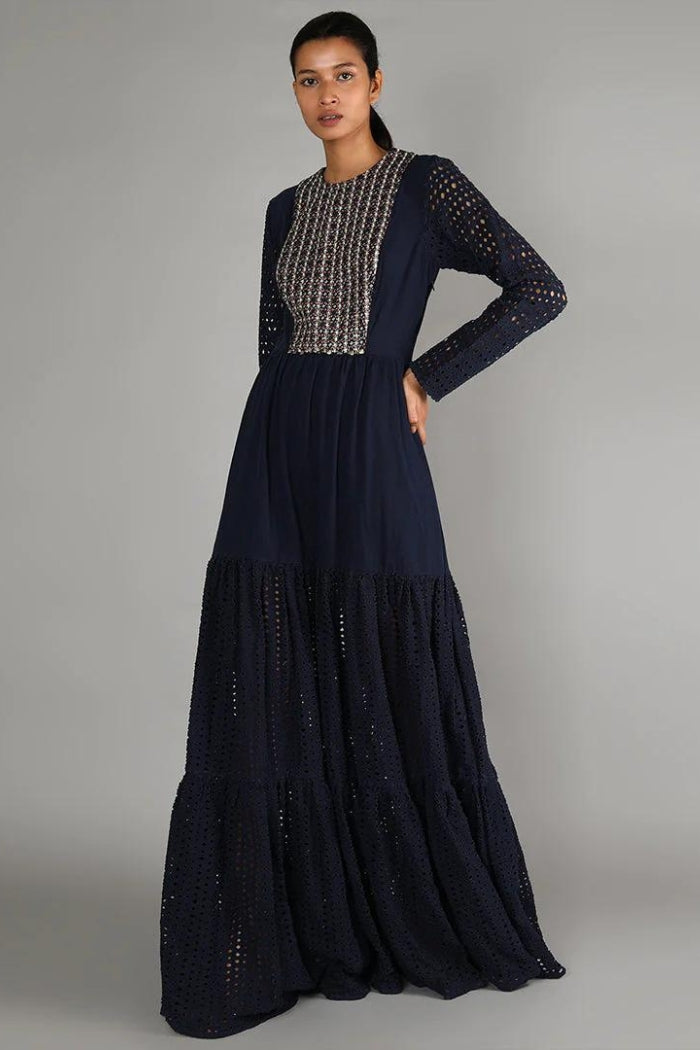 DARK BLUE DENIM LASER CUT TIERED DRESS WITH EMBELLISHED YOKE