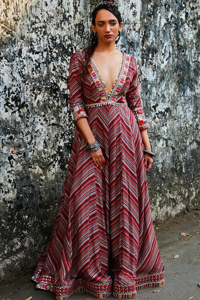 BOHEMIAN STRIPE PRINT PLUNGE NECK ANARKALI