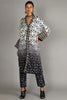 BLACK AND WHITE OMBRE GEOMETRIC DAMASK PRINT JACKET WITH BLACK GEOMETRIC DAMASK PRINT PANT WITH EMBROIDERY DETAILING