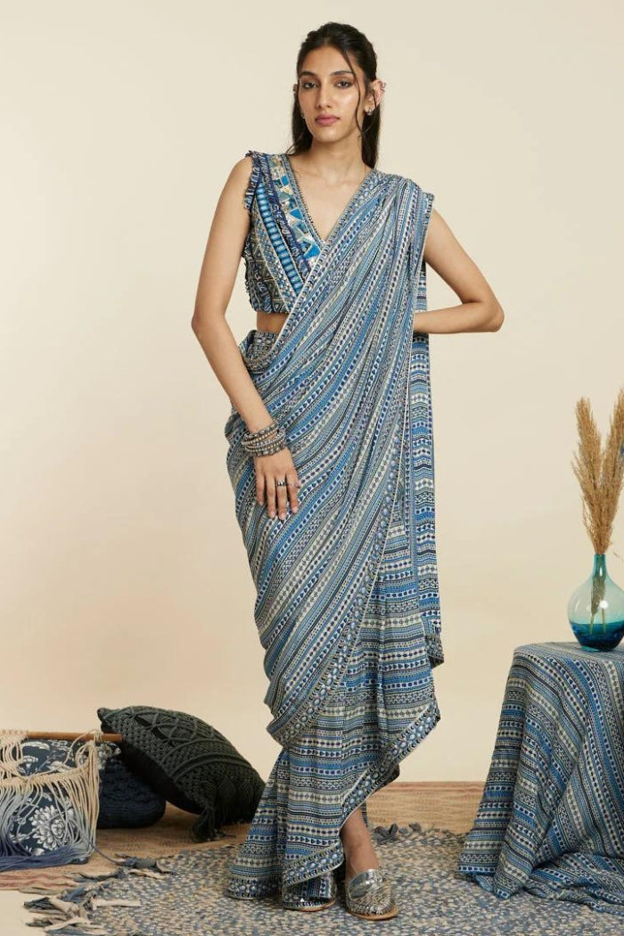 BLUE BOHO STRIPE CASCADE SAREE SET