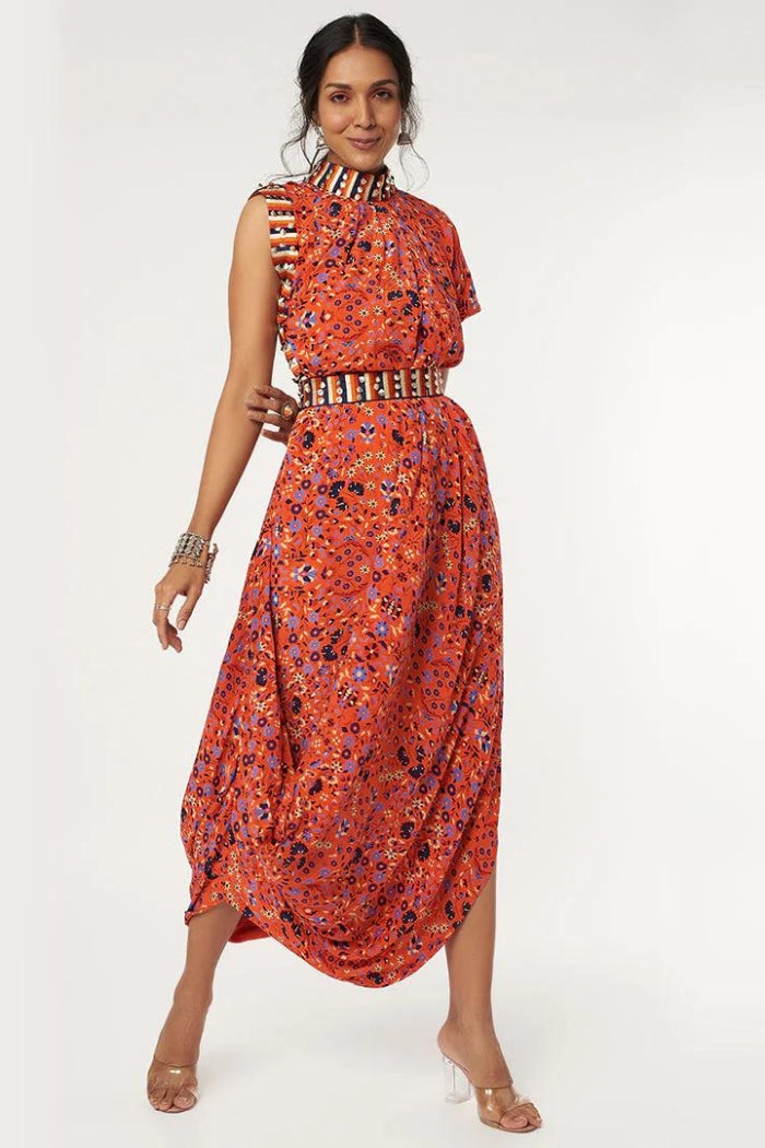 ORANGE JAAL PRINT DRAPE DRESS WITH EMB BELT