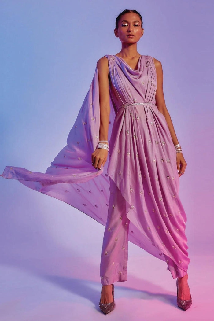 LILAC EMBELLISHED CROP TOP WITH ATTACHED DRAPE TEAMED WITH EMBELLISHED PANTS