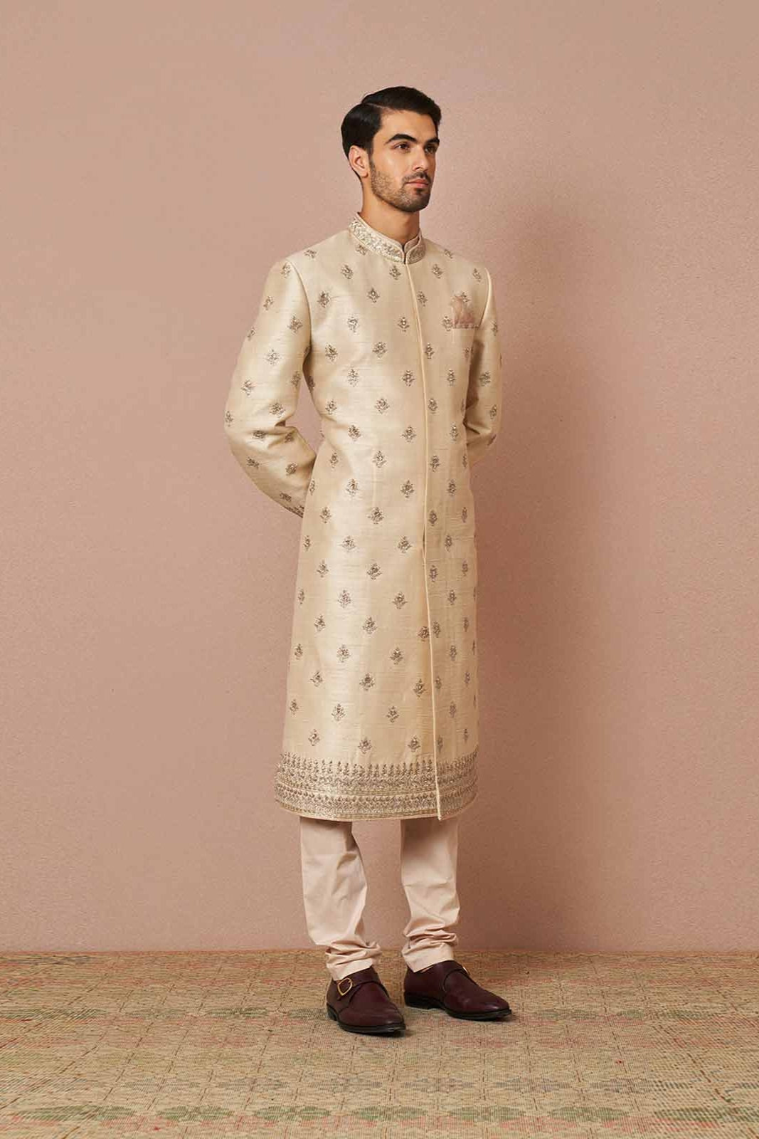 IVORY RAWSILK BUTTI EMBROIDERED SHERWANI SET WITH ZARDOSI WORK