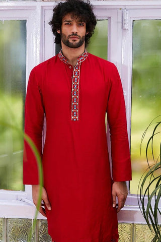 SOLID KURTA WITH EMBROIDERED COLLAR AND KURTA PATTI WITH RED PANTS