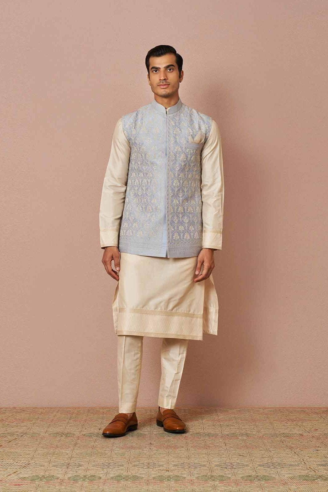 POWDER BLUE RAWSILK BANDI KURTA SET