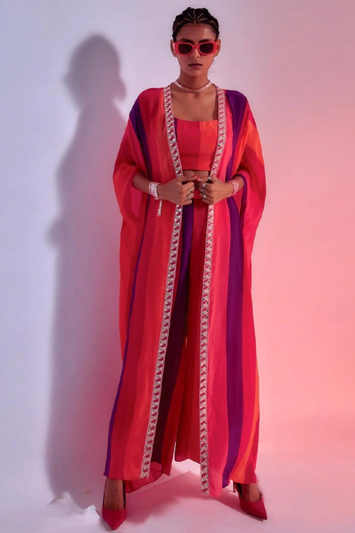 SUNSET STRIPES PALAZO PANTS, CAPE AND PRINTED BUSTIER