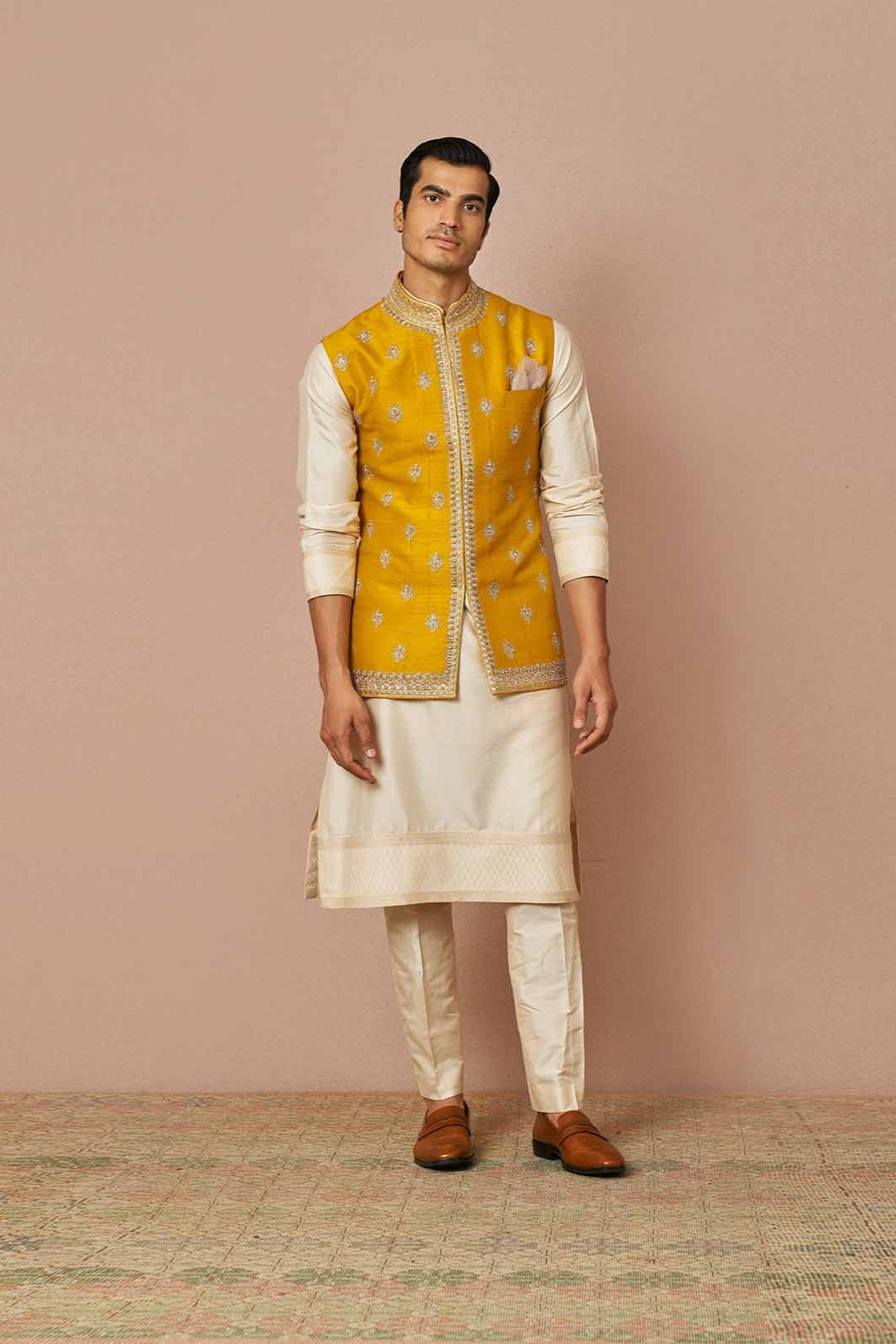 YELLOW RAWSILK EMBROIDERED BANDI KURTA SET