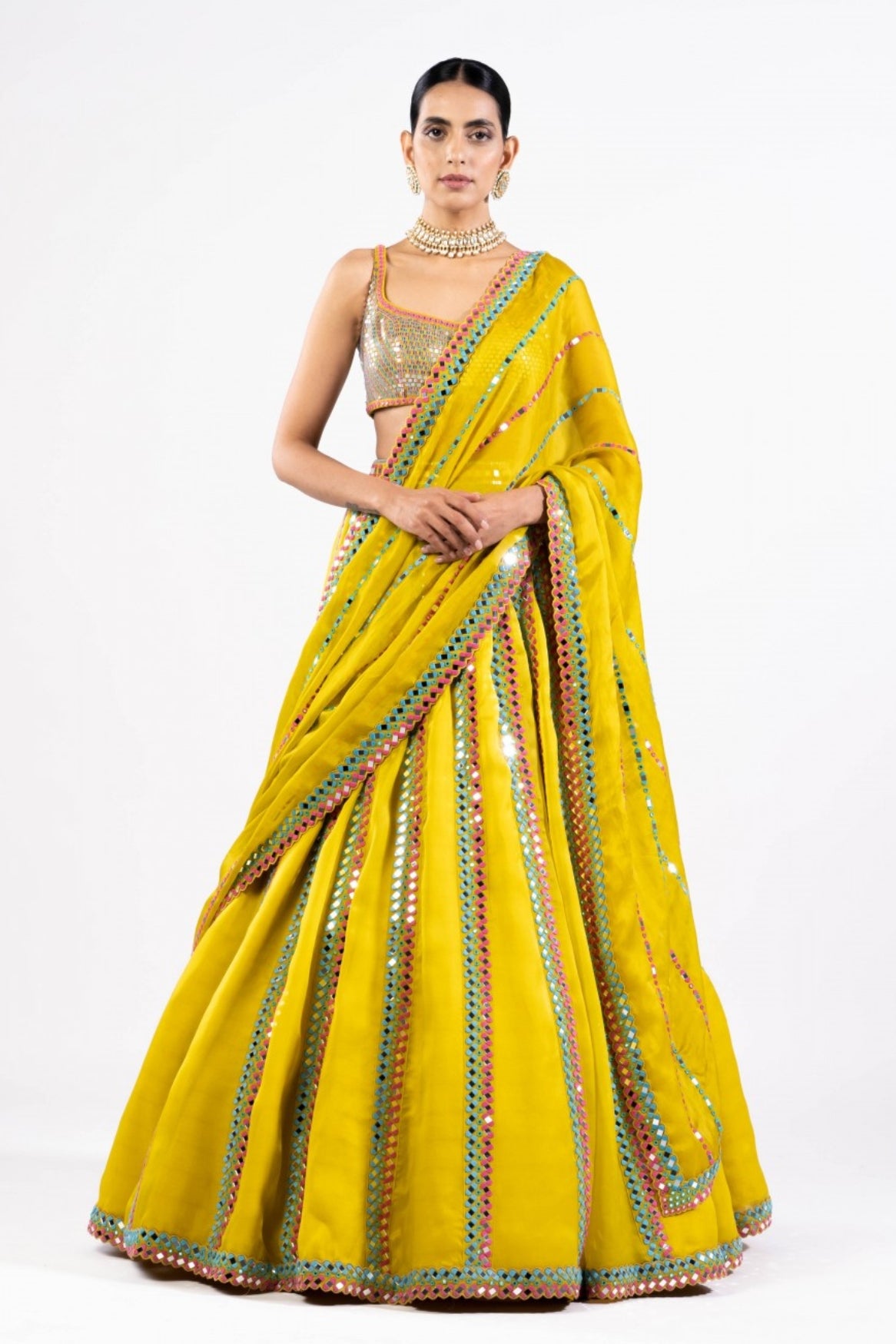 Moss Green Mirror Seam Lehenga Set With Metallic Blouse