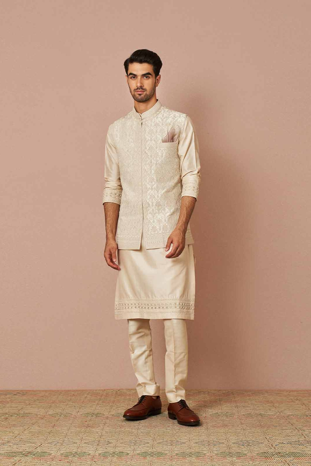 IVORY RAWSILK ARMAAN PEARL EMBROIDERED BANDI SET