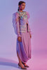 INTRICATE EMBELLISHED LILAC JACKET WITH EXAGGERATED ORGANZA SLEEVES TEAMED WITH A DRAPE SKIRT