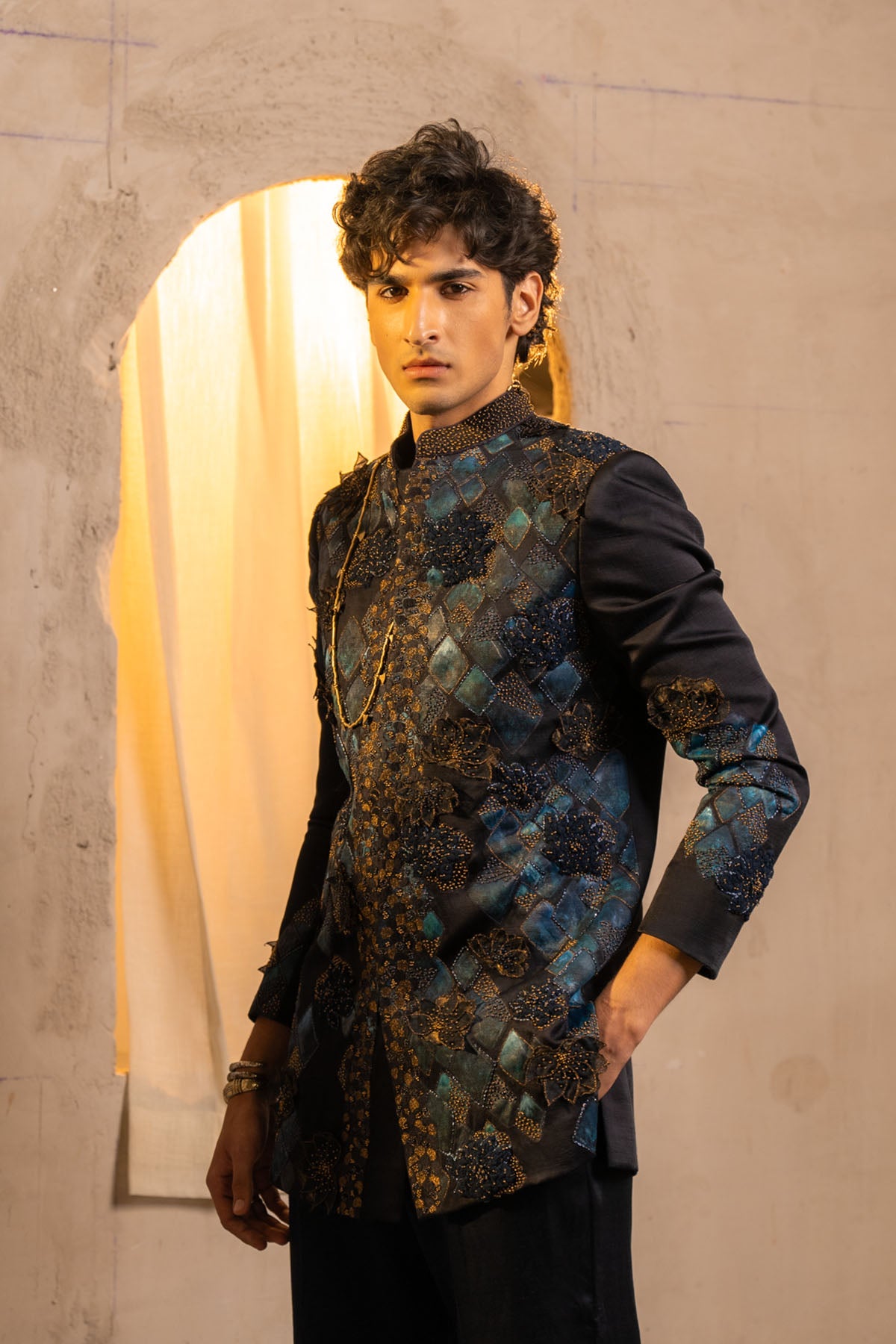 Midnight Blue Handpaint Bandhgala