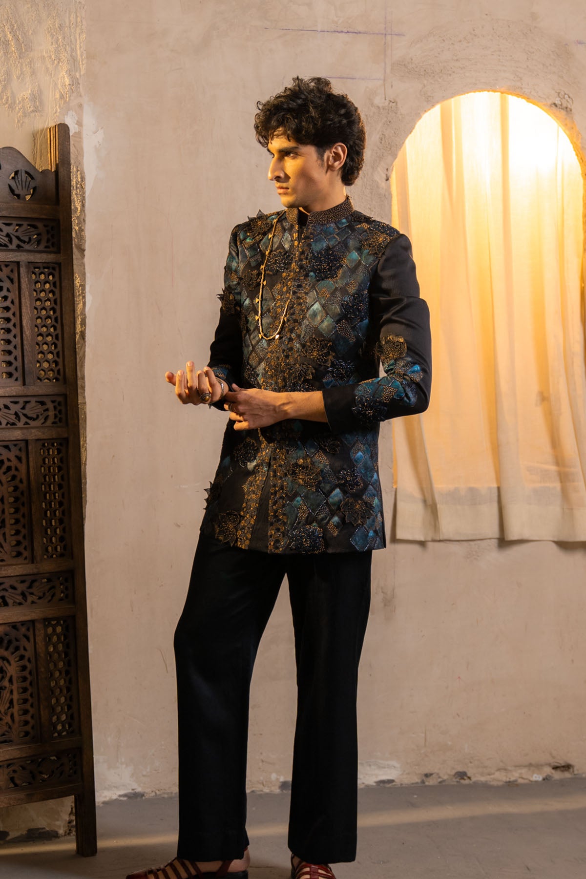 Midnight Blue Handpaint Bandhgala