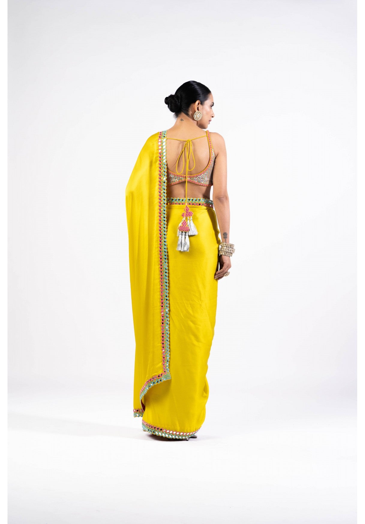 Moss Green Satin Chiffon Saree With Metallic Blouse