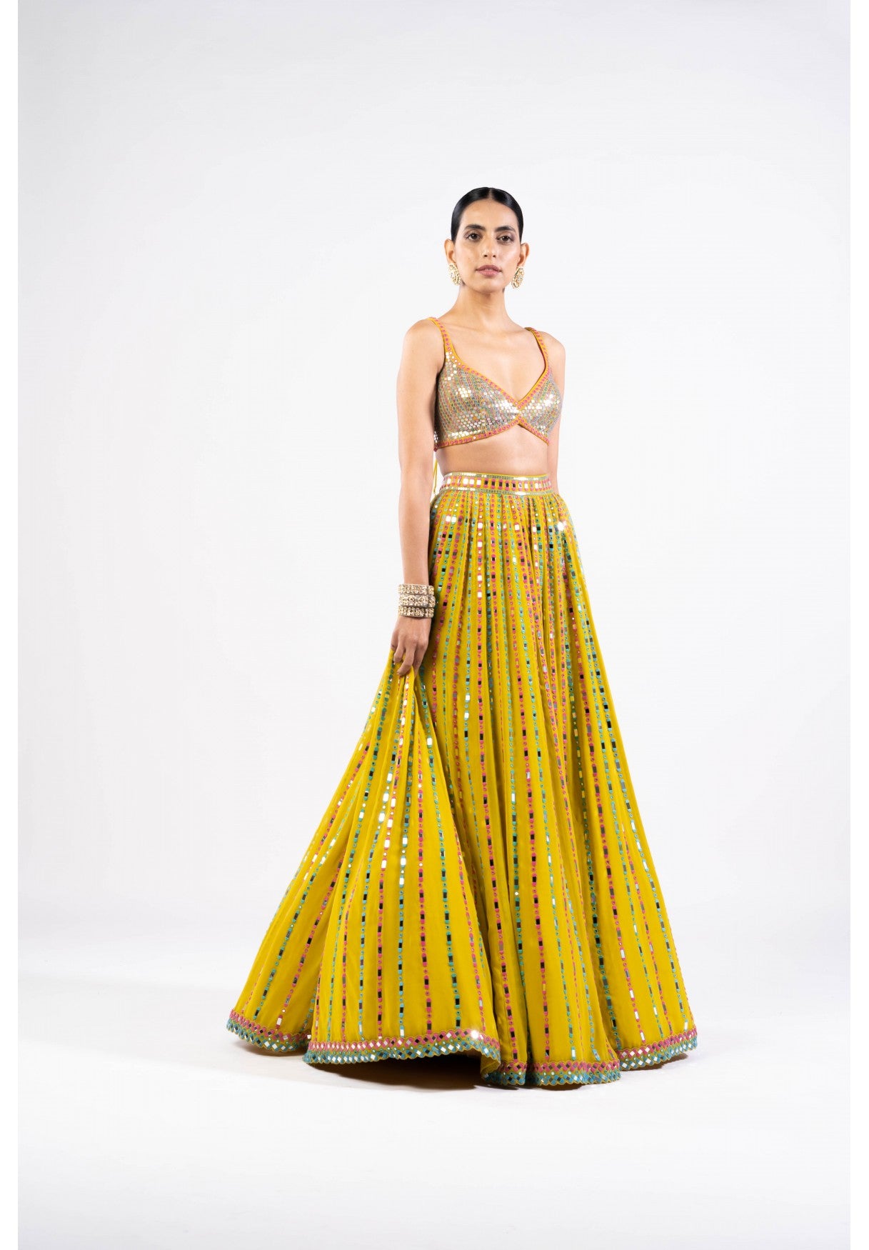 Moss Green Linear Drop Lehenga With Metallic Blouse