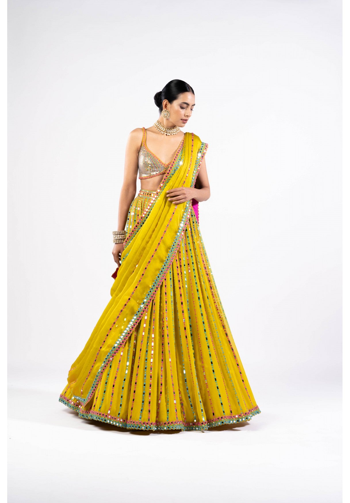 Moss Green Linear Drop Lehenga With Metallic Blouse