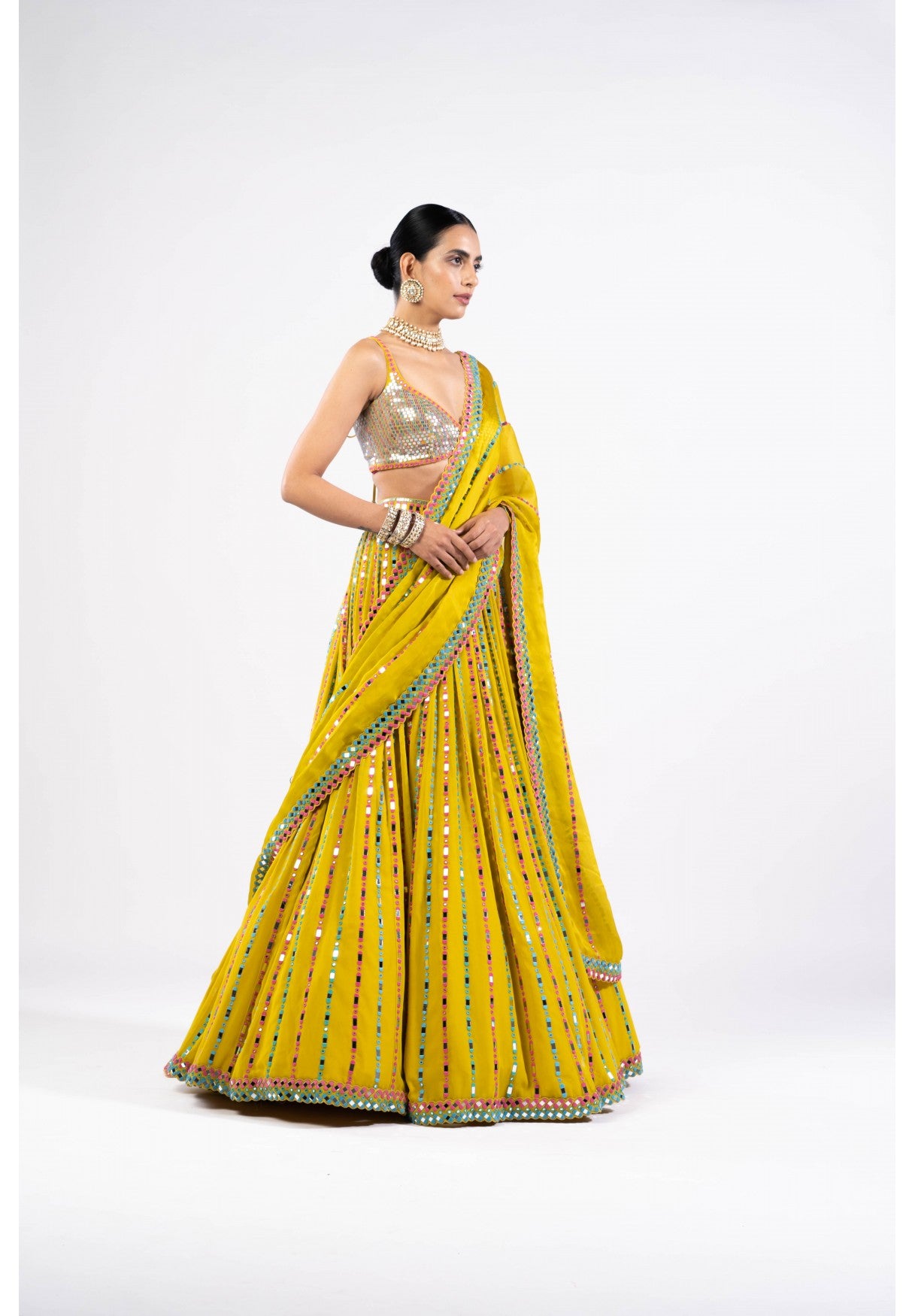 Moss Green Linear Drop Lehenga With Metallic Blouse