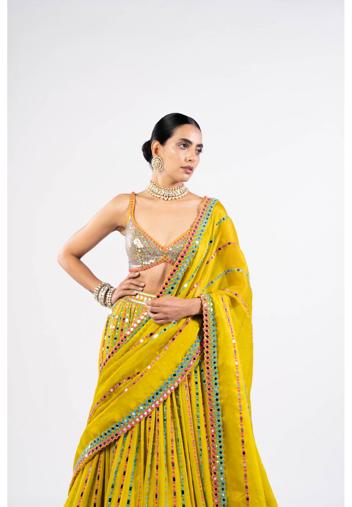 Moss Green Linear Drop Lehenga With Metallic Blouse