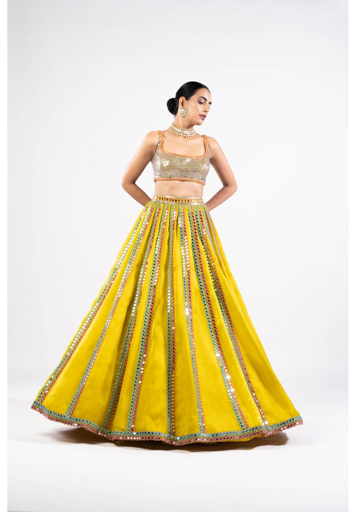 Moss Green Mirror Seam Lehenga Set With Metallic Blouse