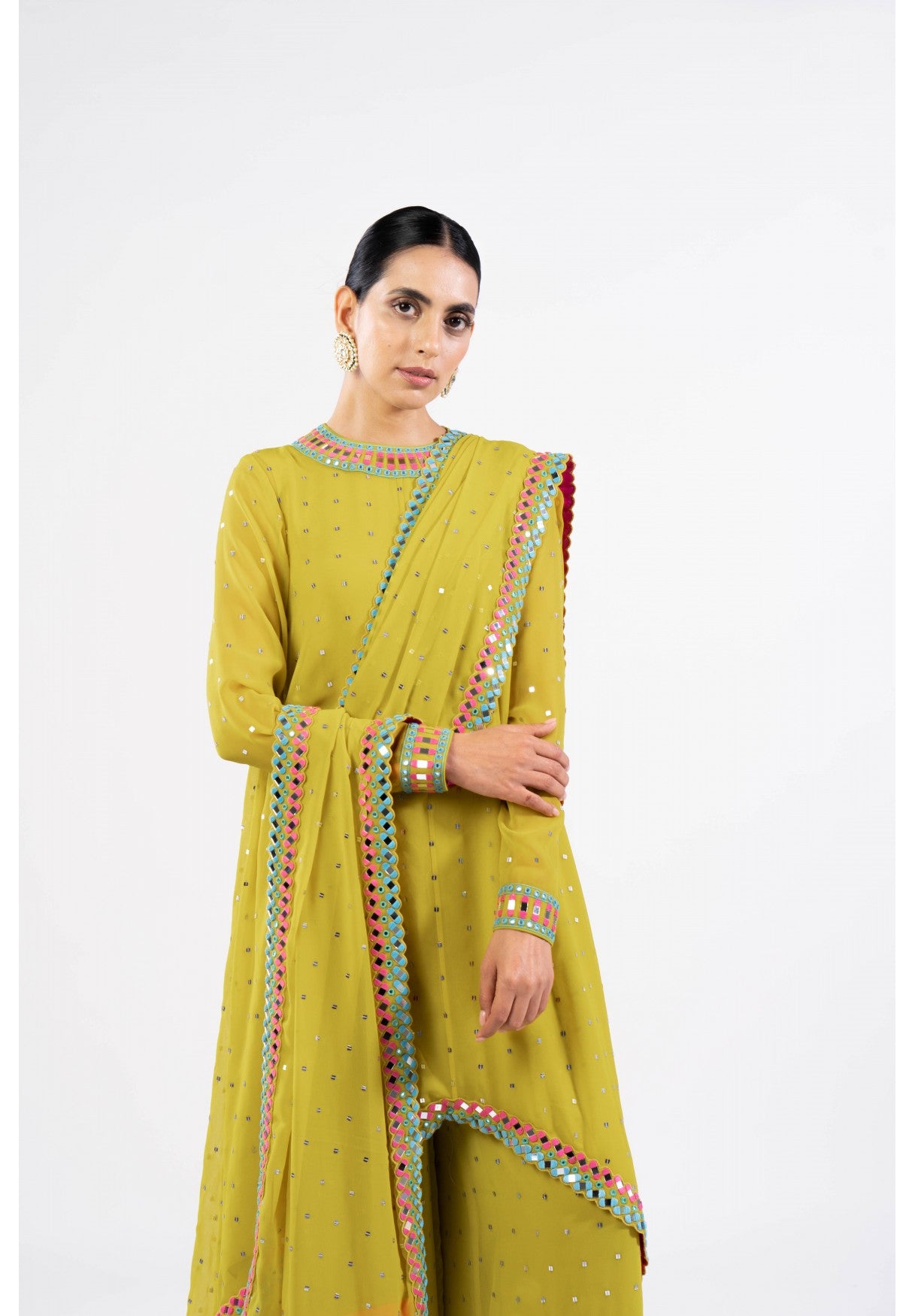 Moss Green Asymmetrical Kurta Set With Dupatta