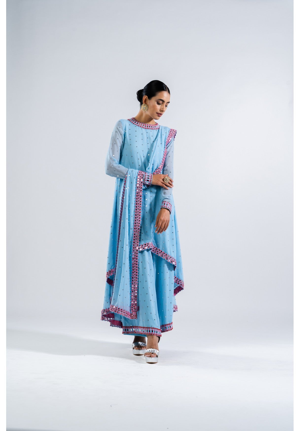 Ice Blue Asymmetrical Kurta Set With Dupatta