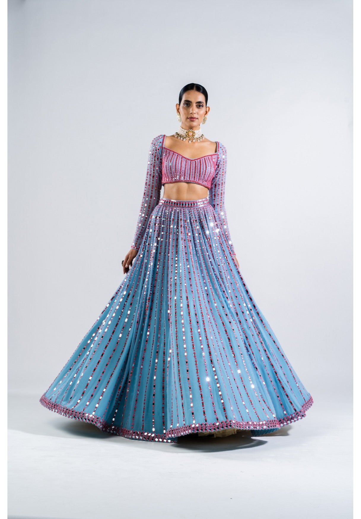 Ice Blue Linear Drop Lehenga Set