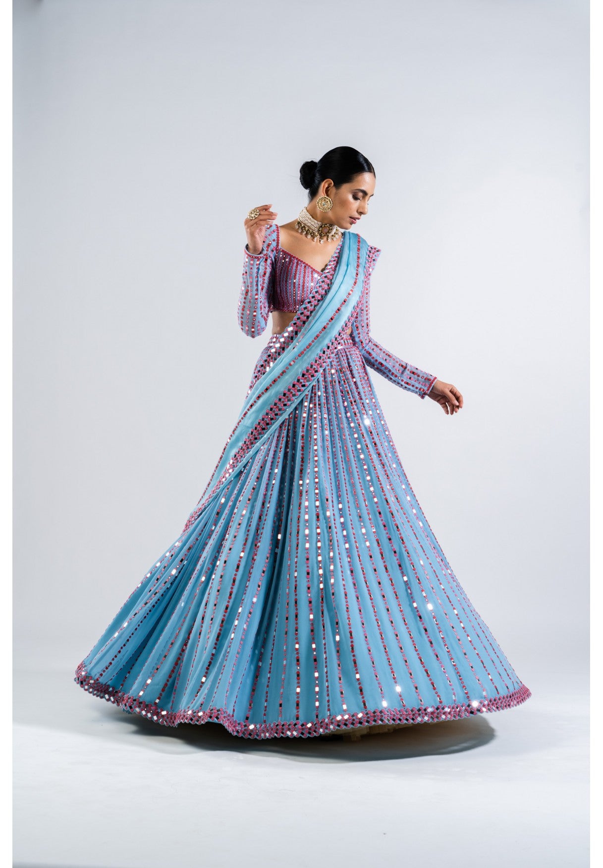 Ice Blue Linear Drop Lehenga Set