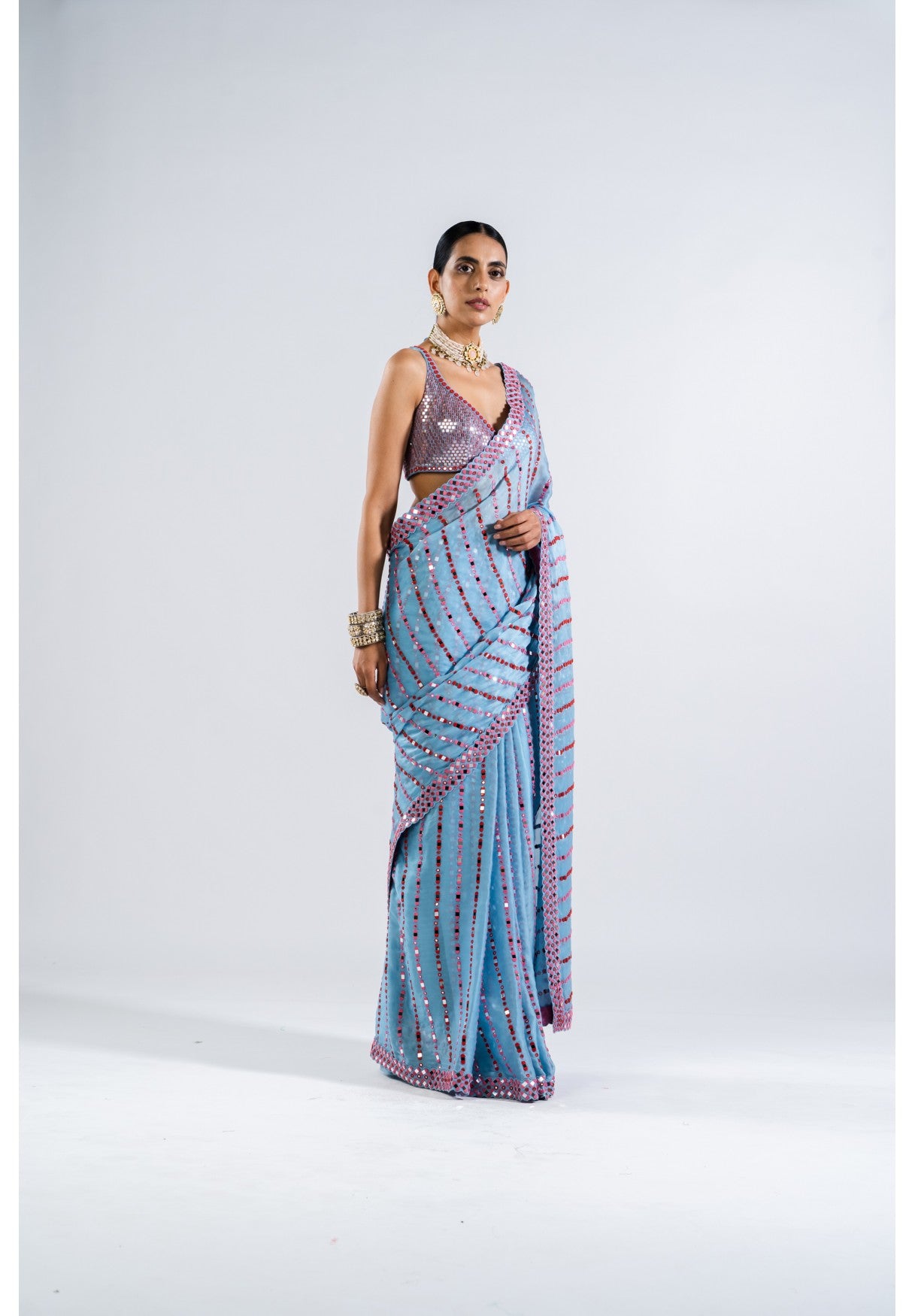 Ice Blue Heavy Mirror Work Saree With Metallic Blouse