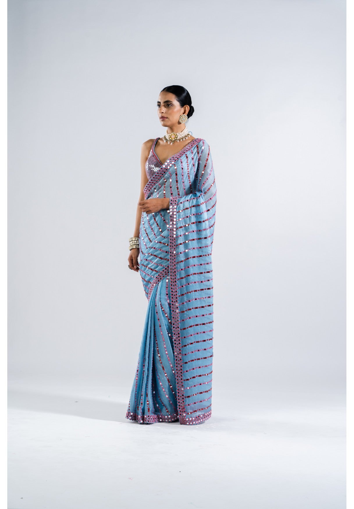 Ice Blue Heavy Mirror Work Saree With Metallic Blouse