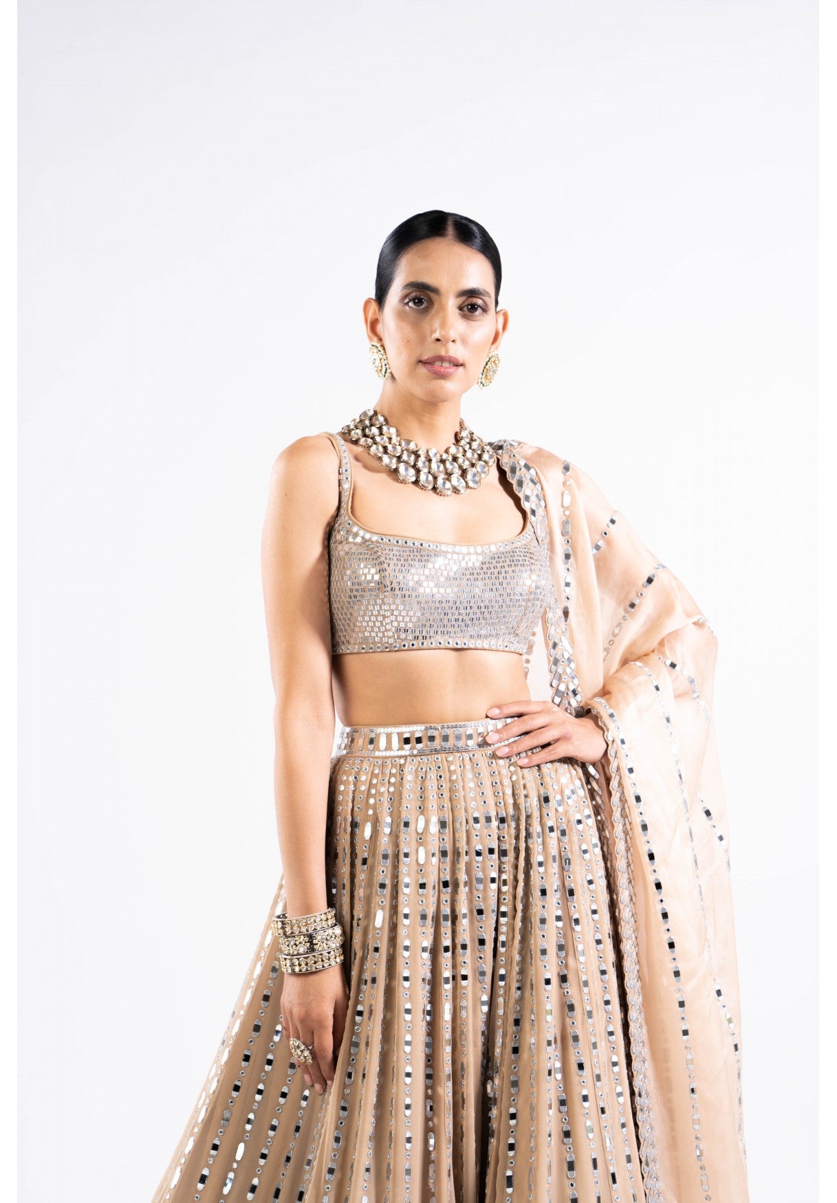 Beige Linear Drop Lehenga With Metallic Blouse