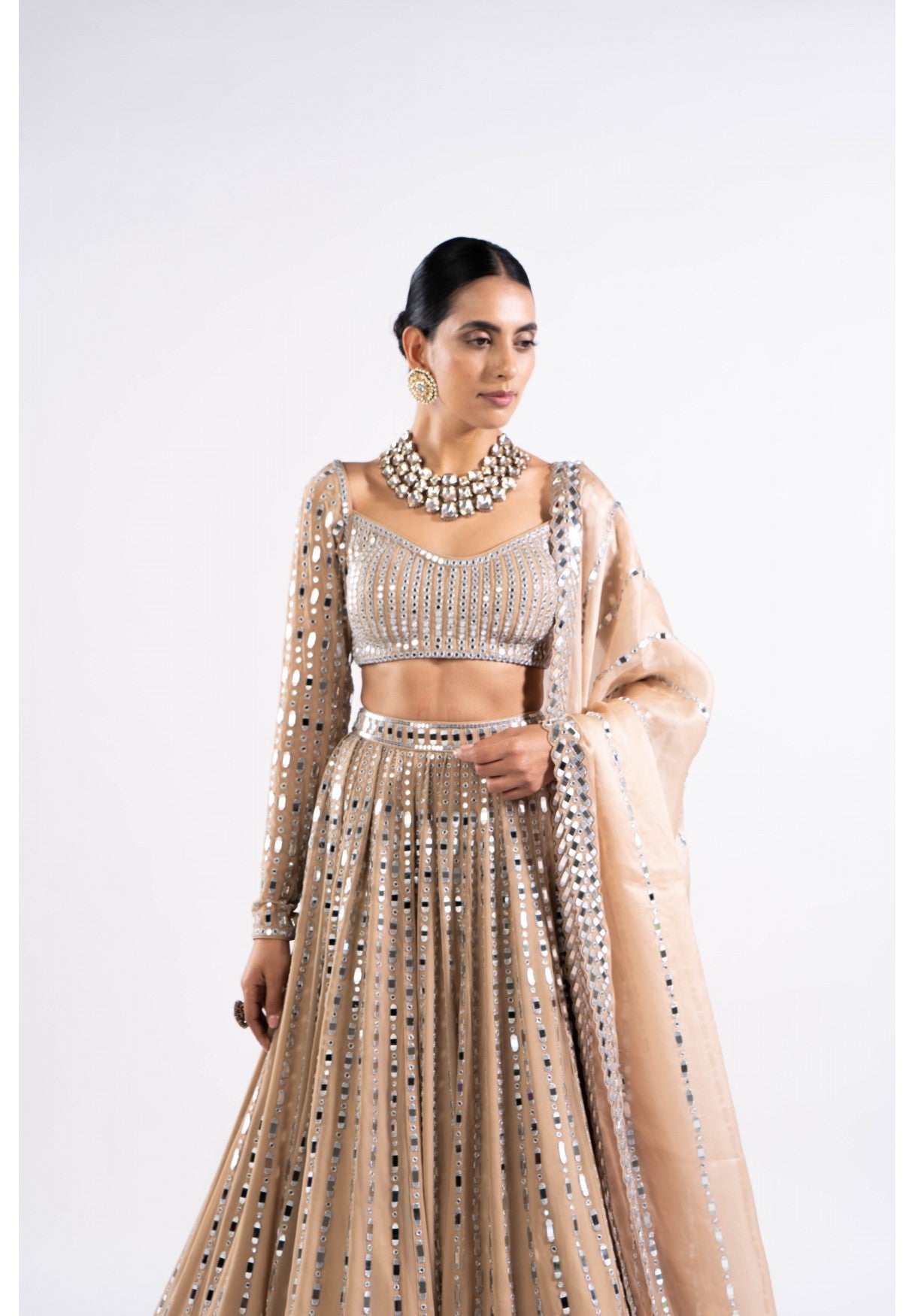 Beige Linear Drop Lehenga Set